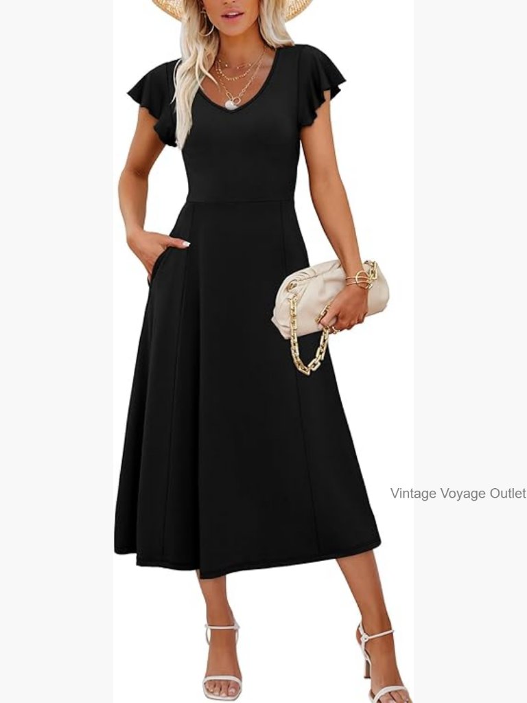 Elegant Ruffle Sleeve Midi Maxi Dress With Adjustable Back Tie